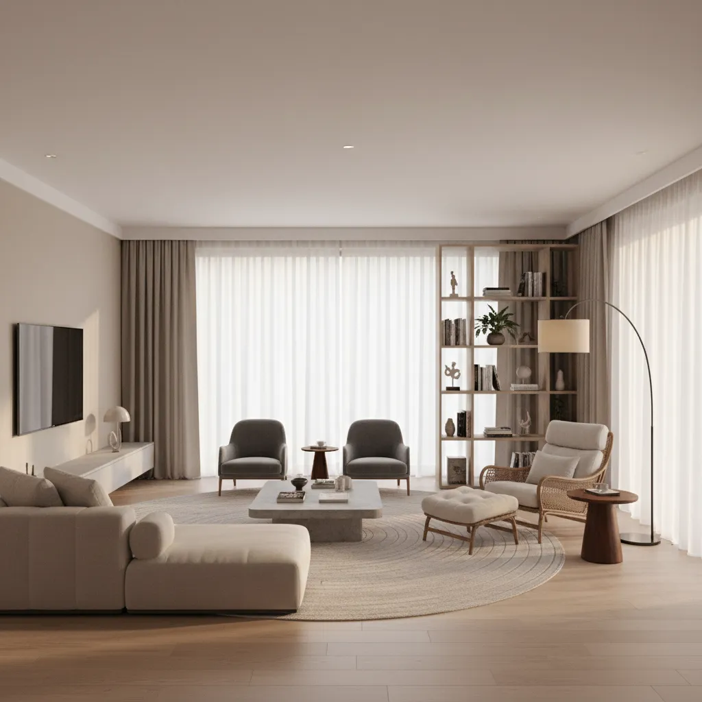 Square living room divided into two seating zones