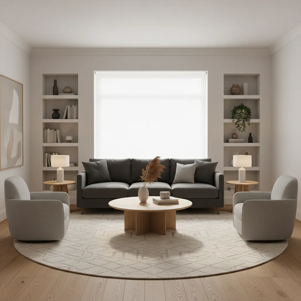 square living room layout with central seating zone and balanced furniture