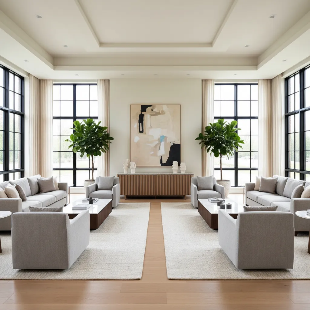Spacious square living room with two furniture seating clusters