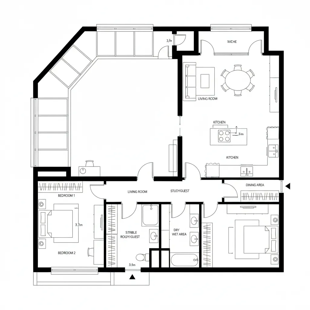 Top-down CAD plan of a square loop dwelling organized around a small inner courtyard