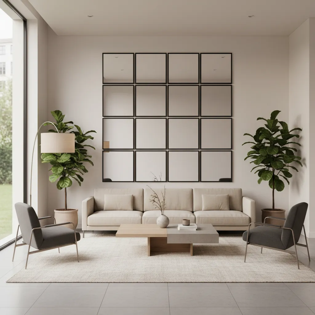 Square mirror grid installed above a sofa in a modern living room