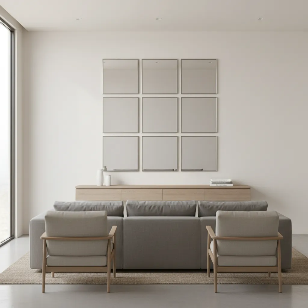 Modern living room wall decorated with a symmetrical grid of square mirrors