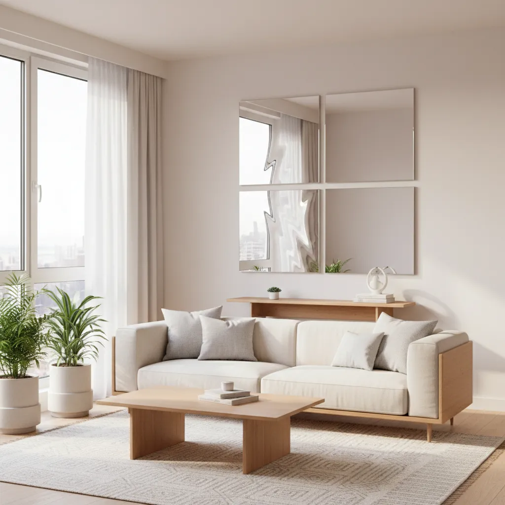 Grid of square mirrors reflecting sunlight in a compact apartment living room