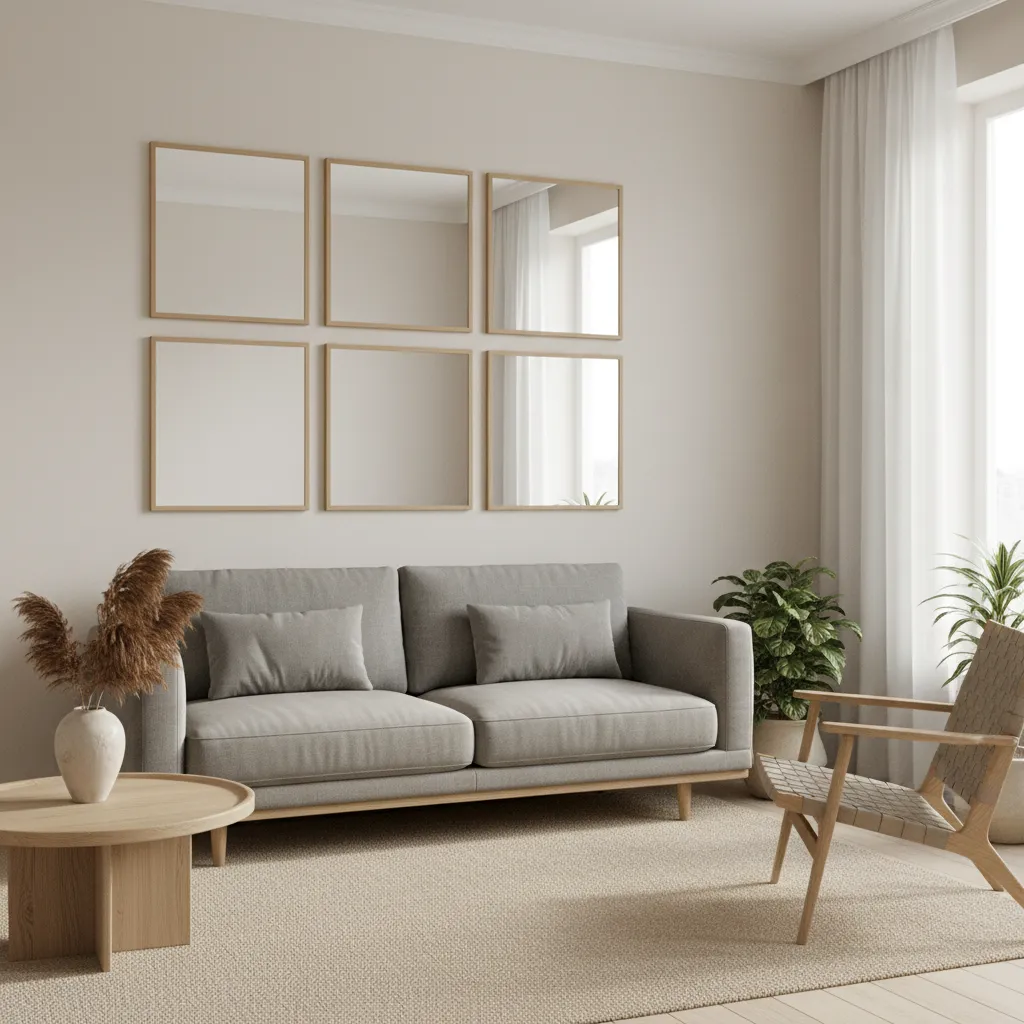 living room wall decorated with symmetrical square mirror grid layout