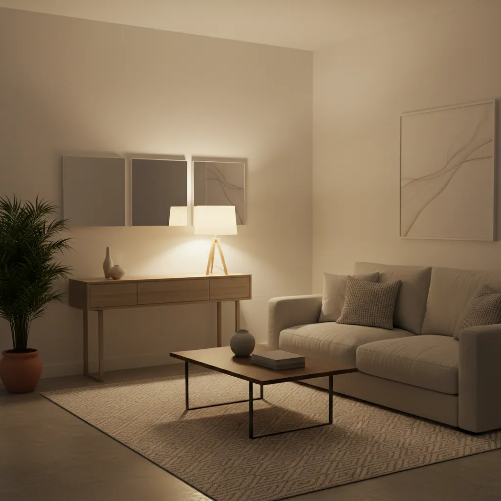 Table lamp reflecting in square mirrors to brighten a small living room at night