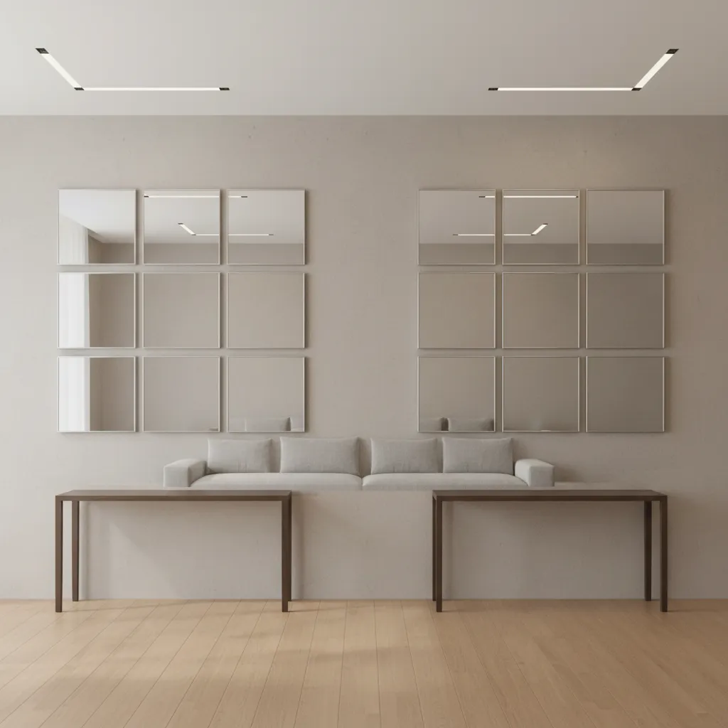 Examples of square mirror grid layouts on a modern interior wall