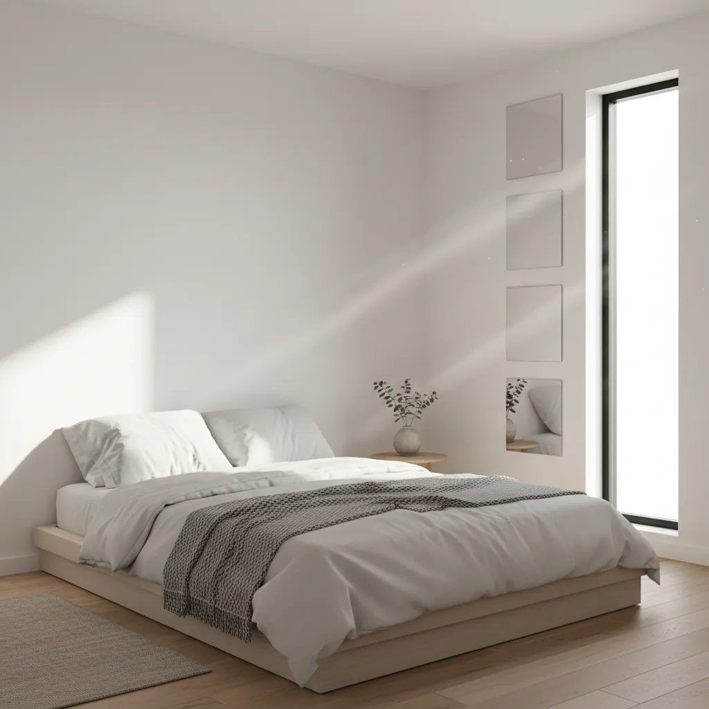 Square mirrors placed near window reflecting daylight deeper into a room