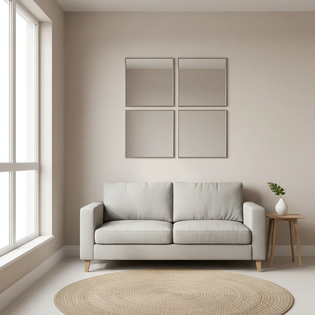 small apartment wall decorated with four square mirrors in 2x2 layout