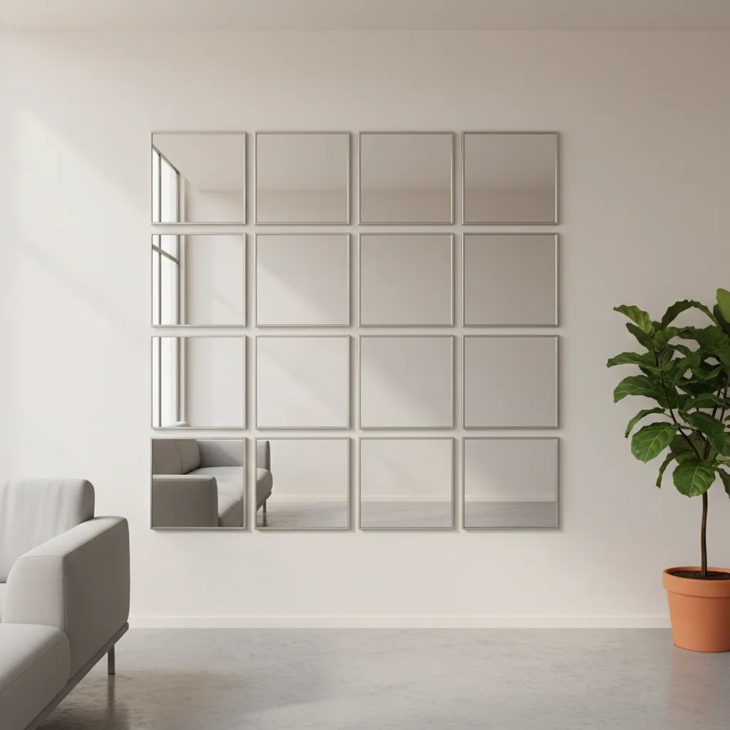 Example of square mirrors arranged in a clean wall grid with balanced spacing