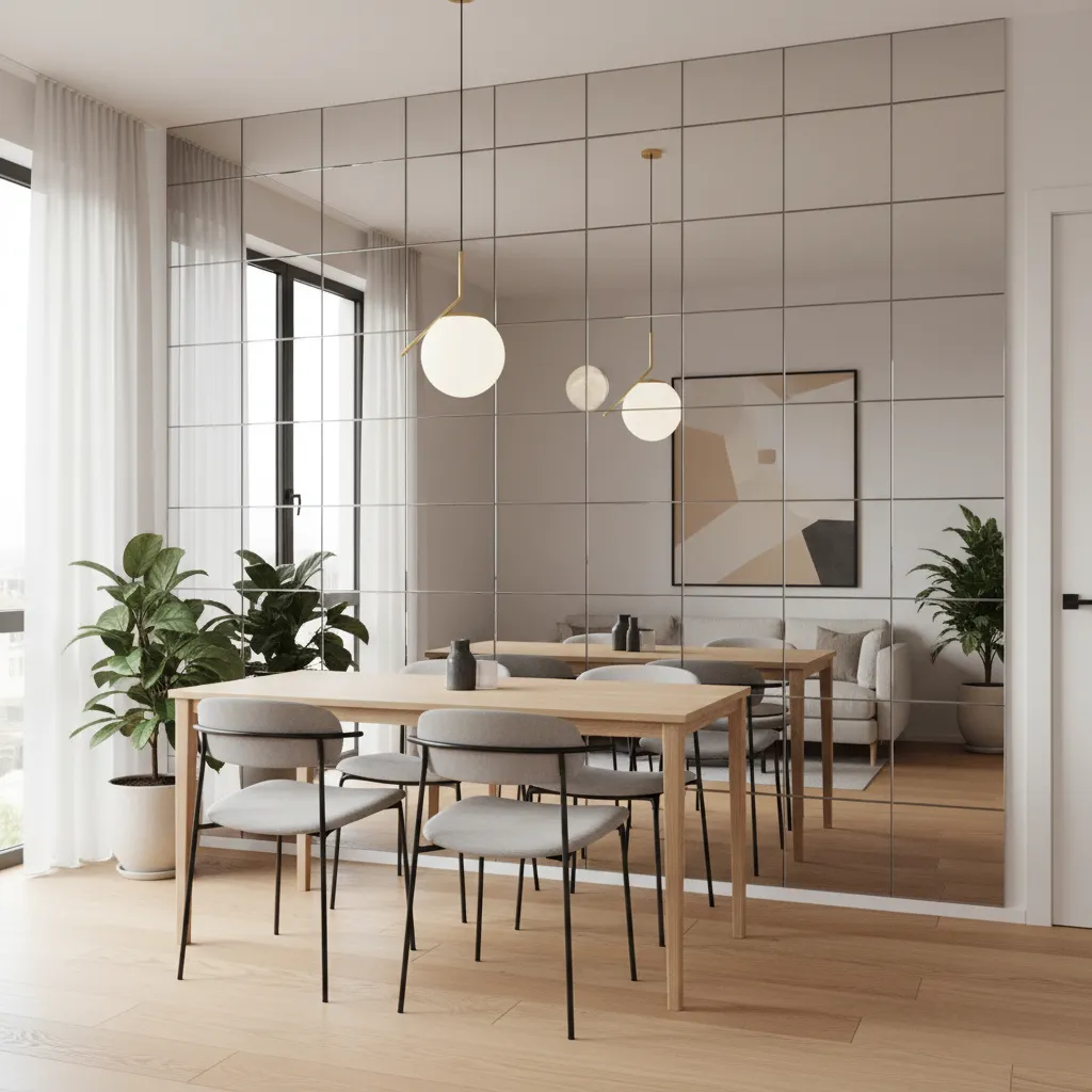 Square mirror wall making a small room appear larger through reflection