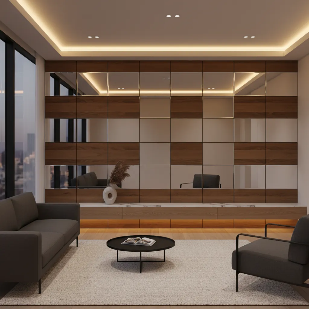 Square mirrors integrated into decorative wall panels in a modern interior