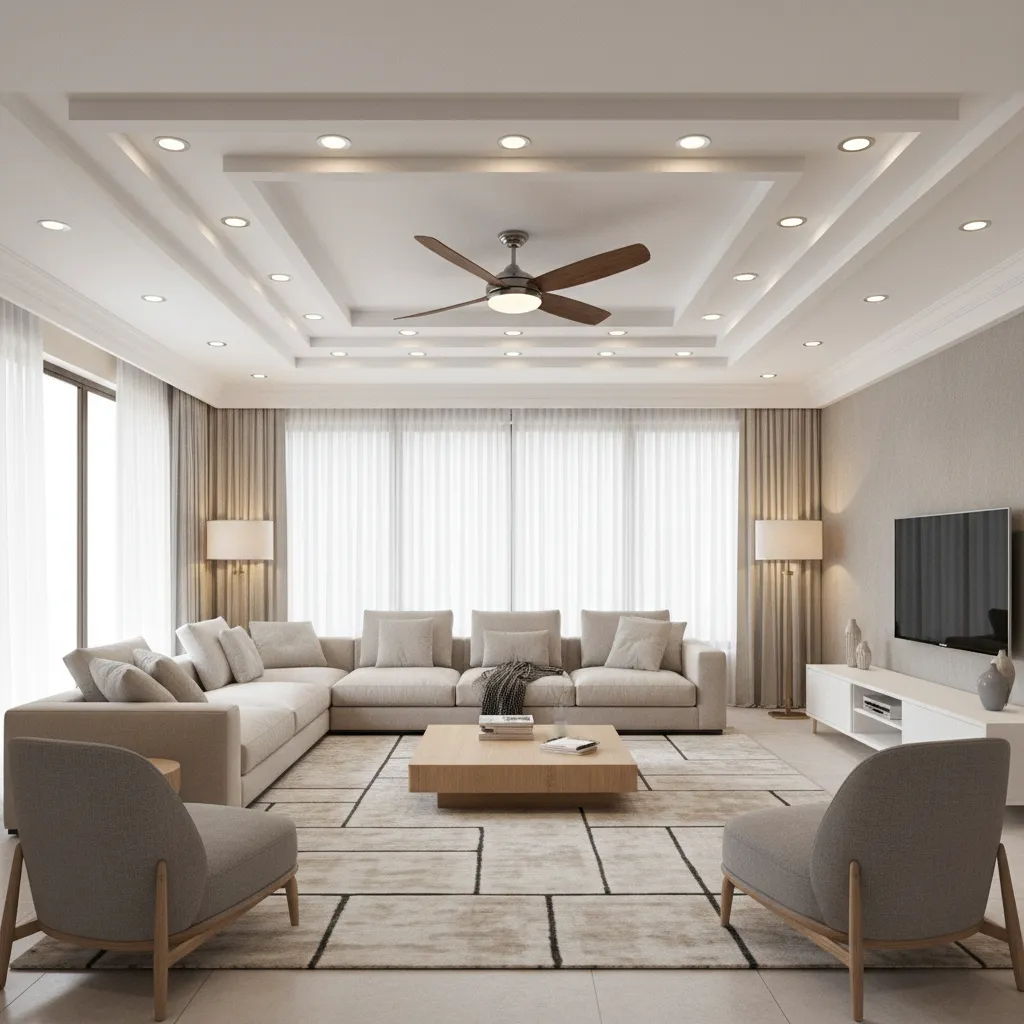 Square layered POP ceiling layout with fan and recessed lighting