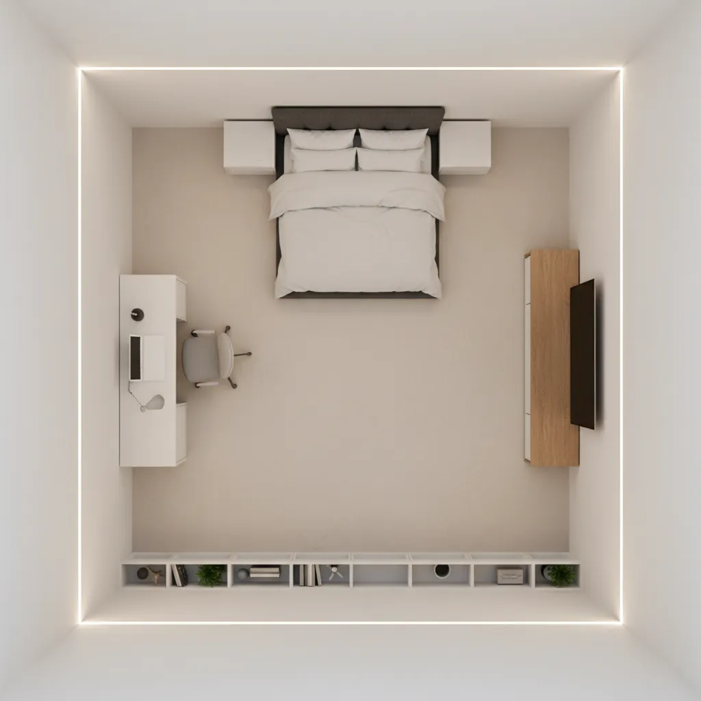 square 15x15 room with furniture placed along walls showing awkward empty center