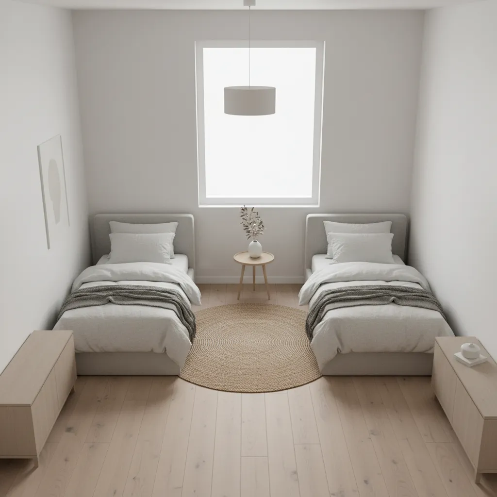Square bedroom showing L-shaped twin bed layout