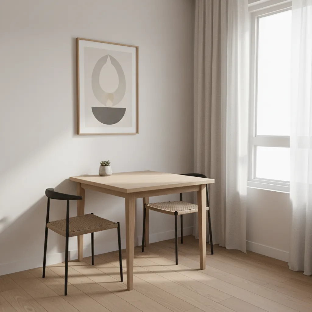 Square dining table placed against wall in a small apartment dining area
