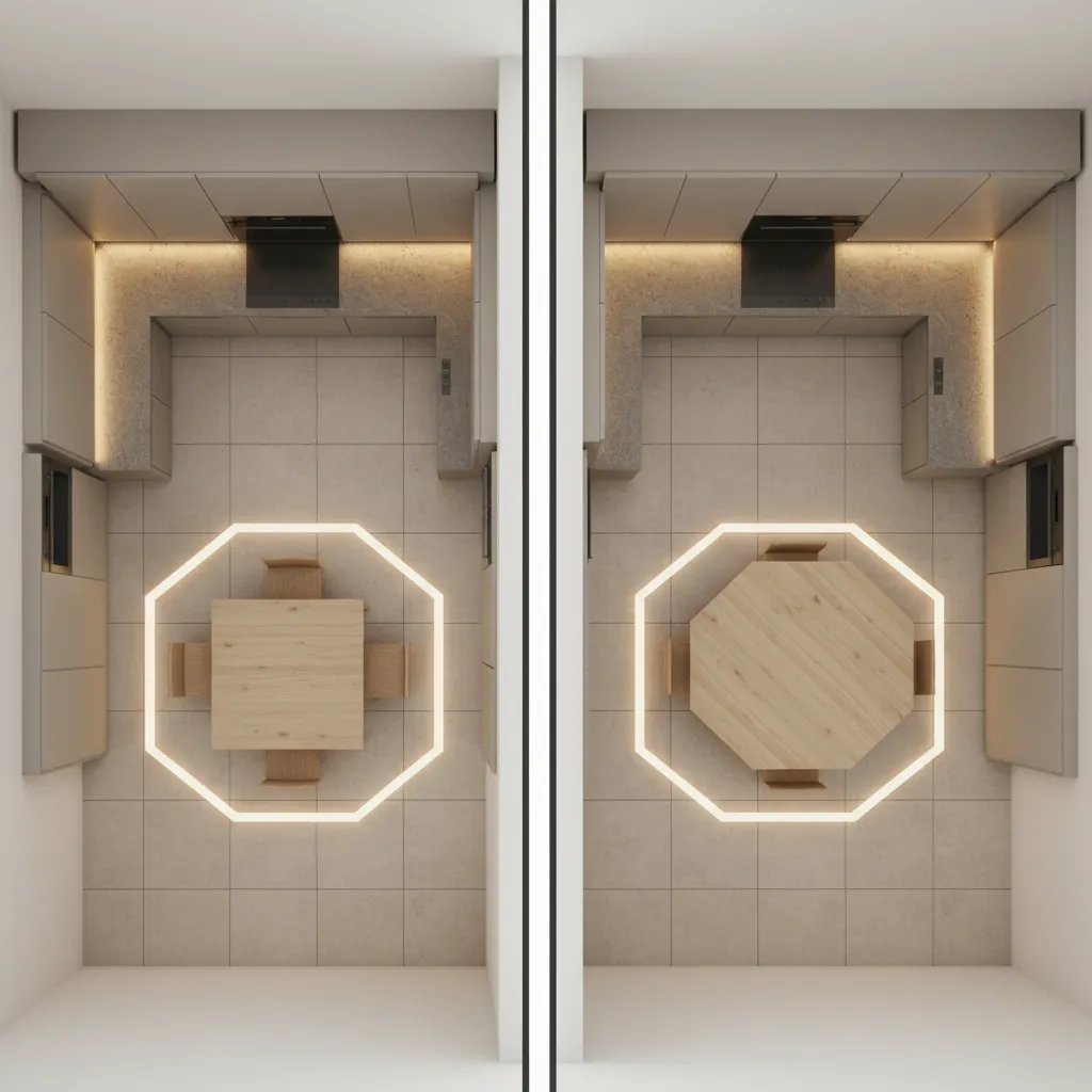 Comparison of square and hexagon tables showing walking paths in a small kitchen
