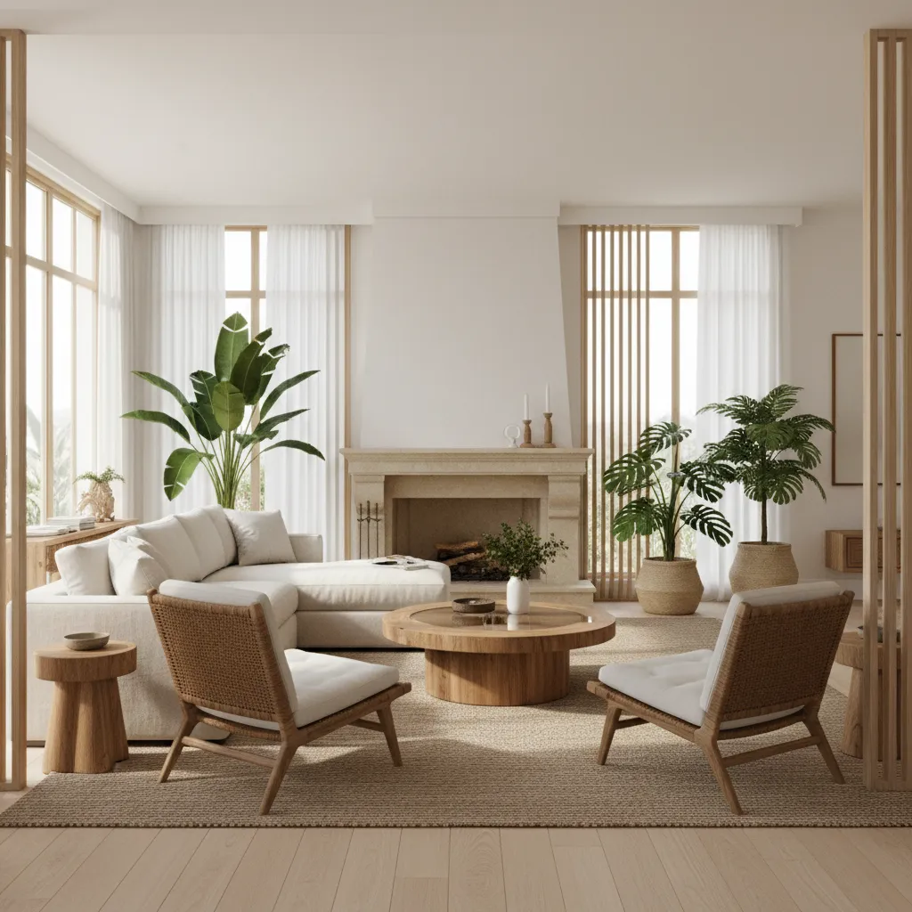 Living room seating arrangement with sofa and chairs around coffee table