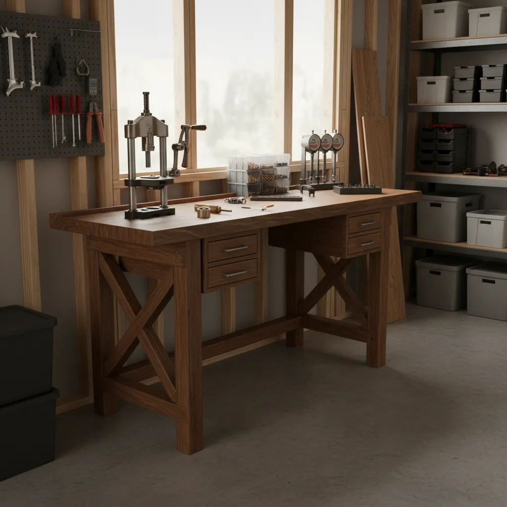 heavy duty reloading bench anchored to wall studs with strong frame
