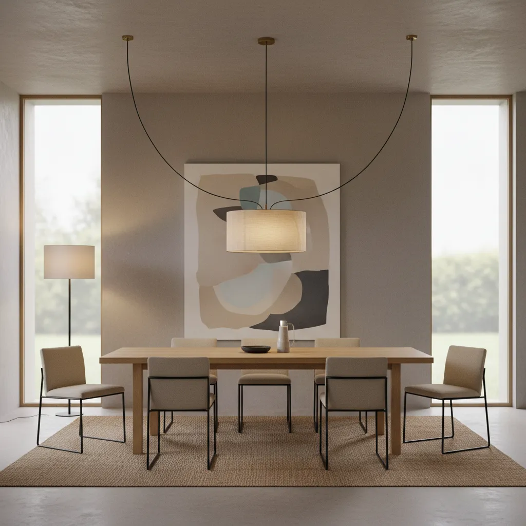 Dining room swag lamp stabilized with multiple ceiling hooks