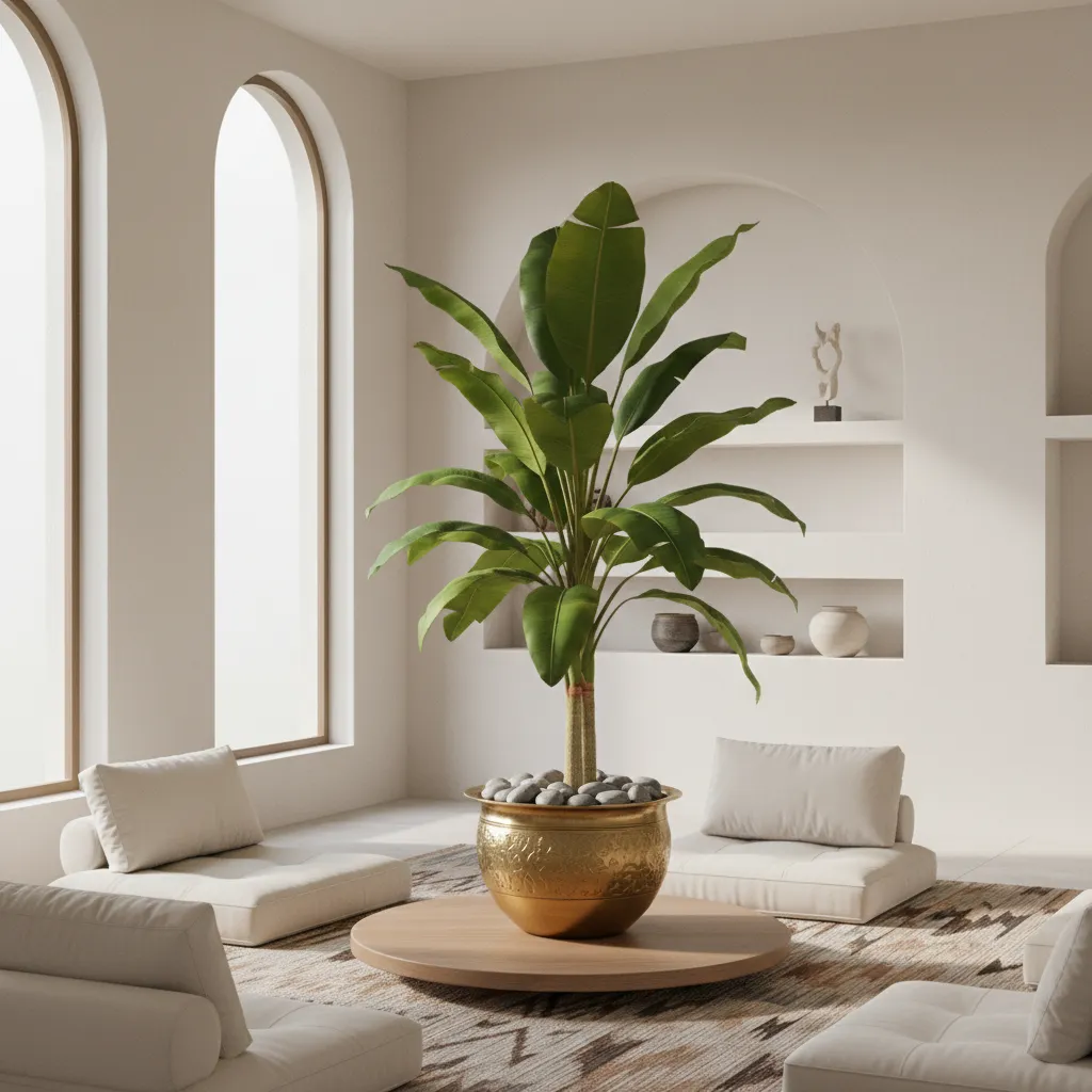 Artificial banana tree base stabilized in decorative pot