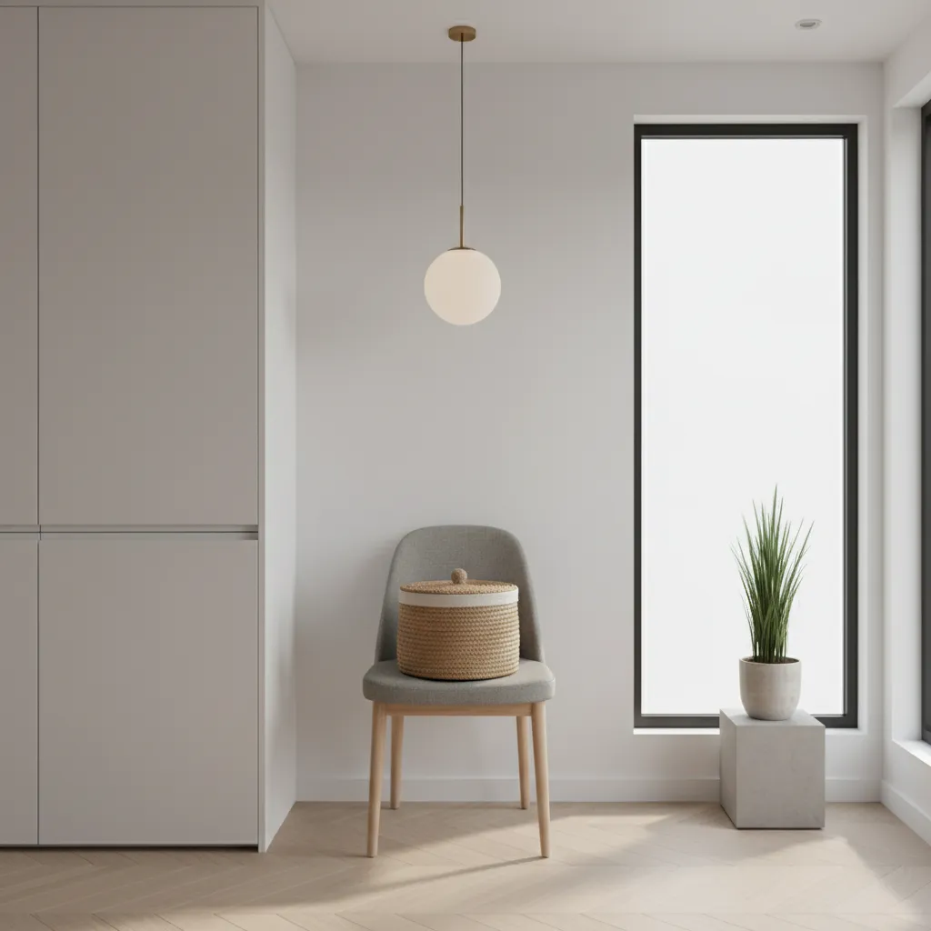 Chair pushed against kitchen wall to stabilize storage items