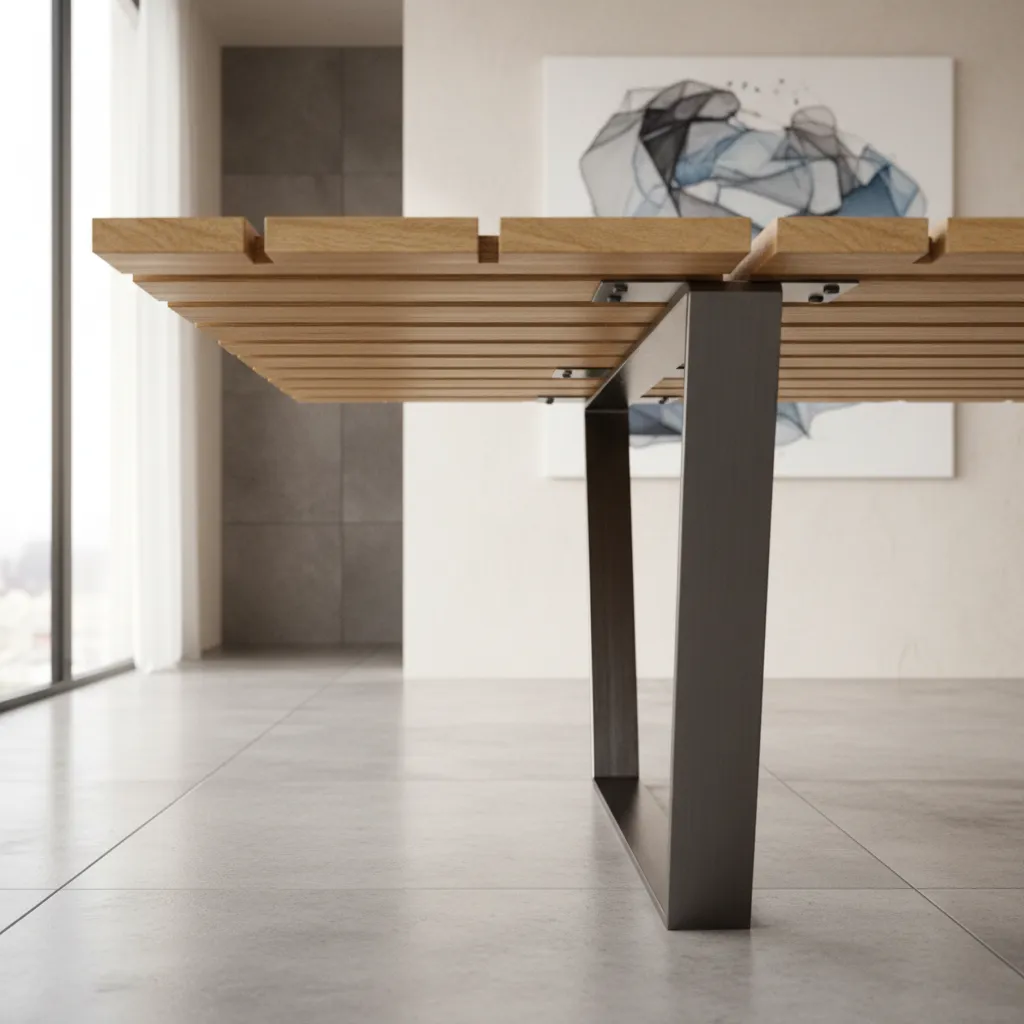 Close view of narrow dining table base showing stabilization support