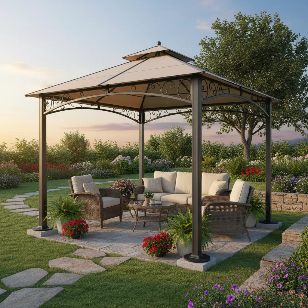 Outdoor gazebo leveled with support blocks on uneven garden ground