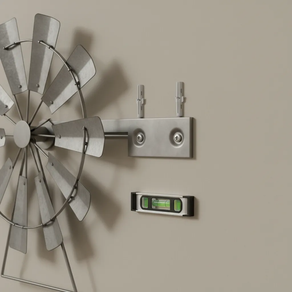 Installing metal windmill wall decor using screws wall plugs and a small green level tool