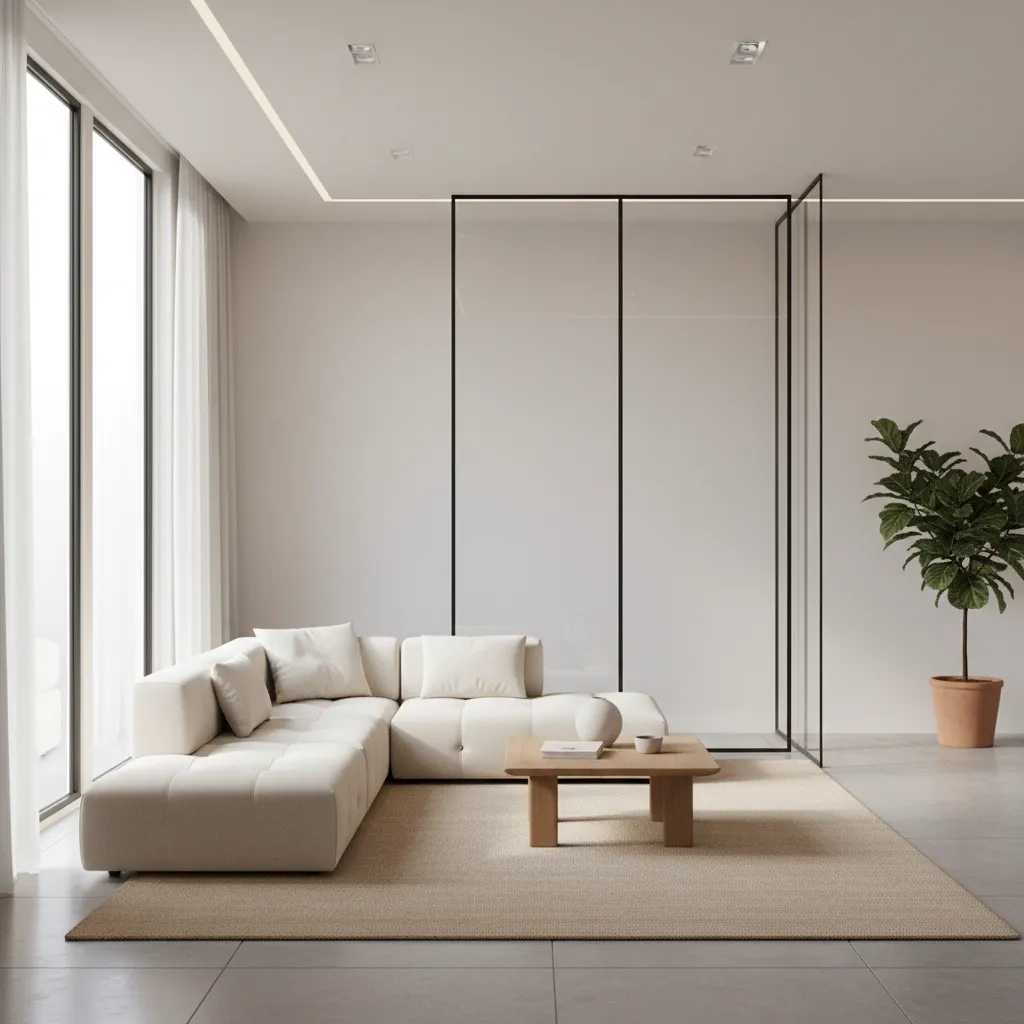 Acrylic partition stabilized with slim metal frame in a modern living room