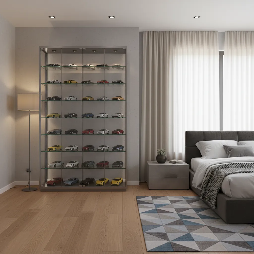 Glass cabinet displaying organized model car collection