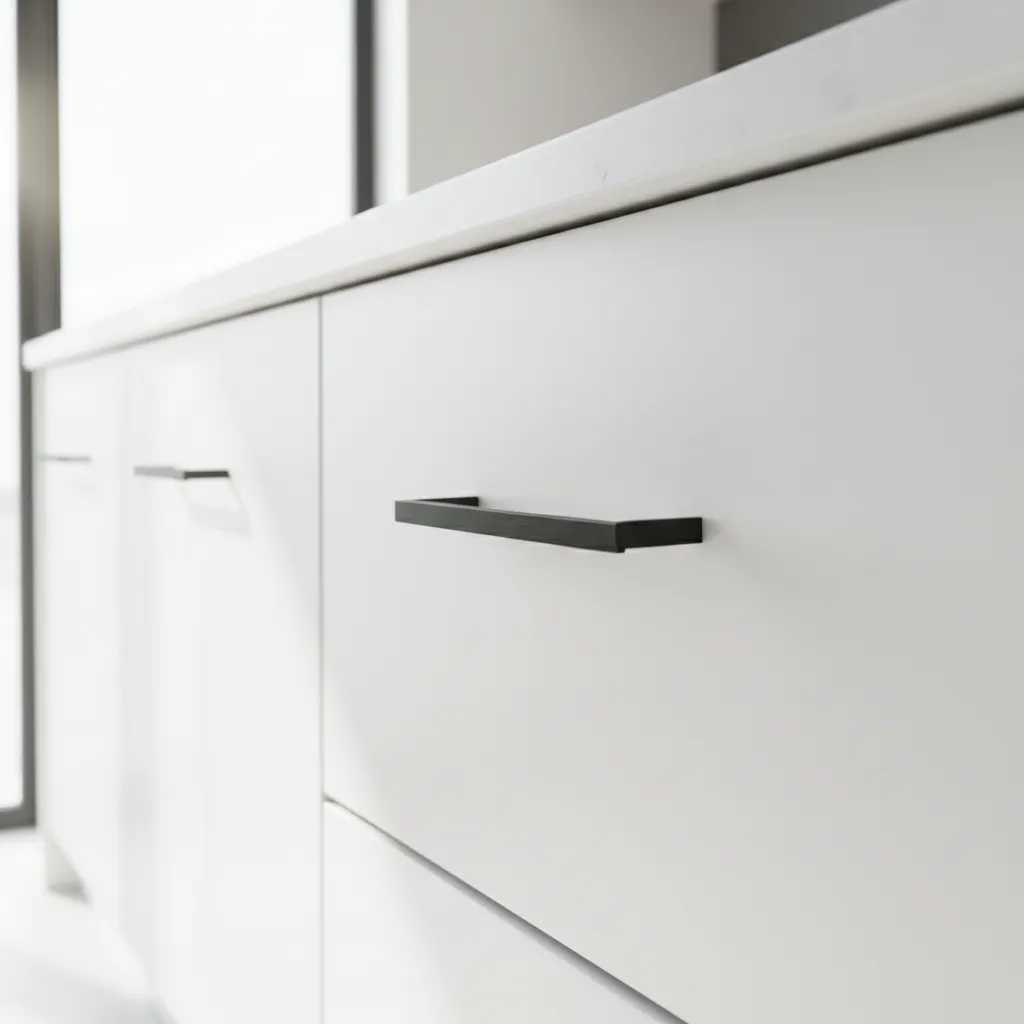 Firmly installed modern kitchen cabinet handle aligned correctly on drawer