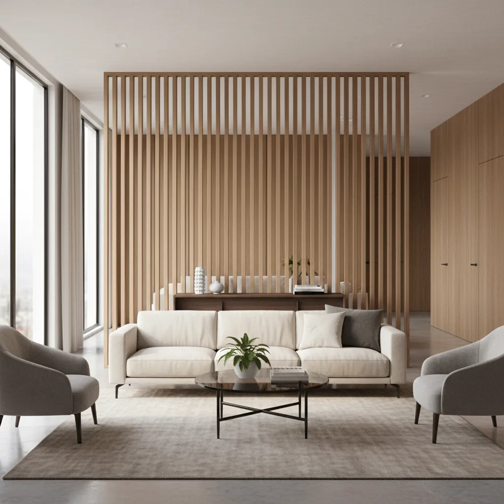 Stable room divider anchored by furniture in a living room layout