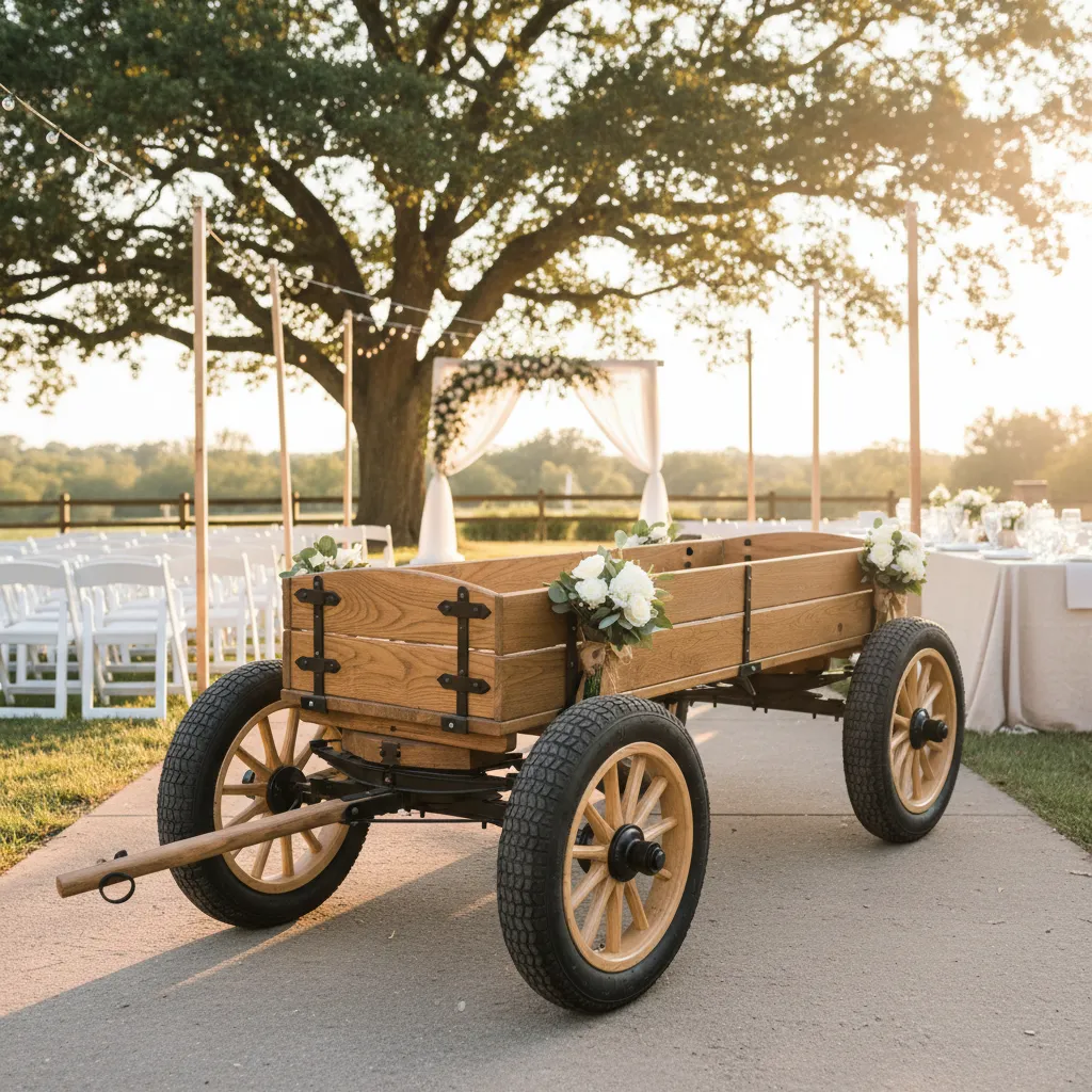 close view of stable four wheel wagon suitable for wedding ceremony use
