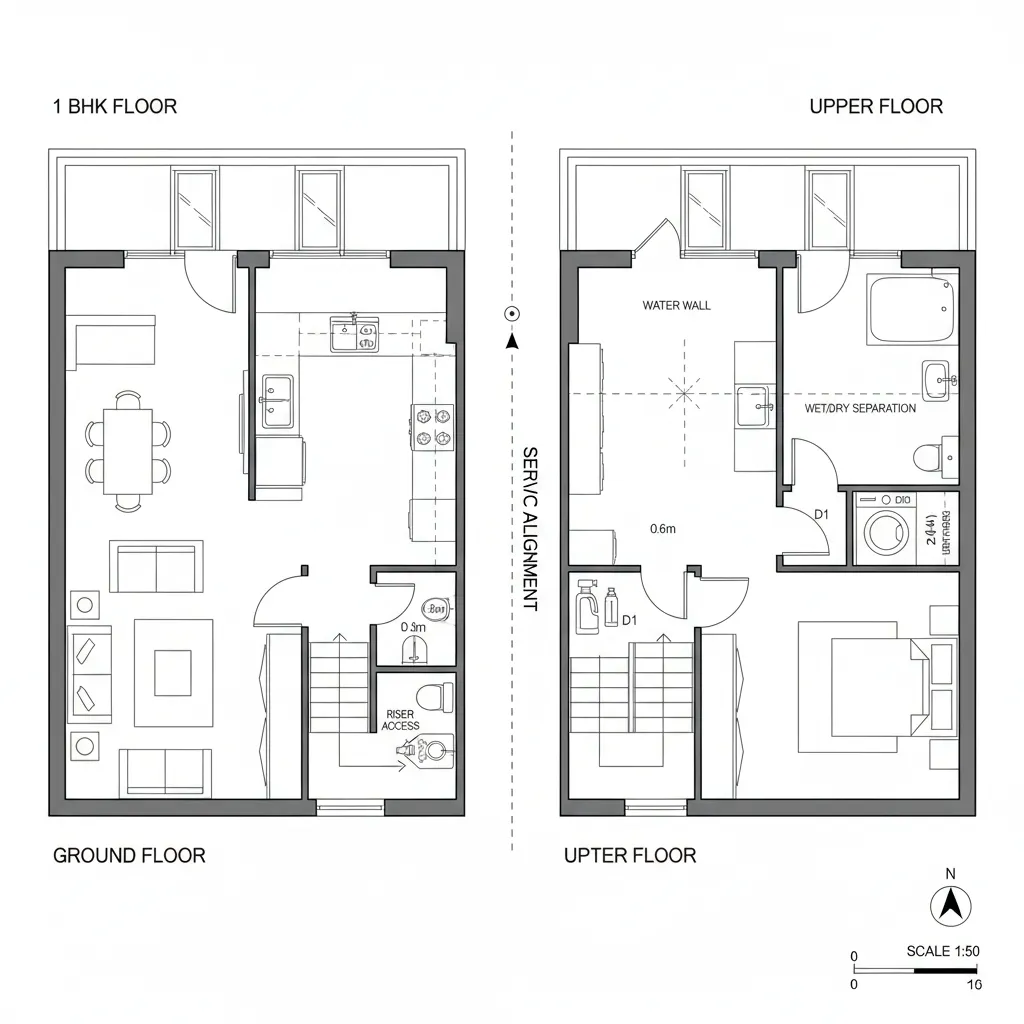 Plan schematic showing vertically aligned kitchen, bath, and laundry with shared riser and utility closet