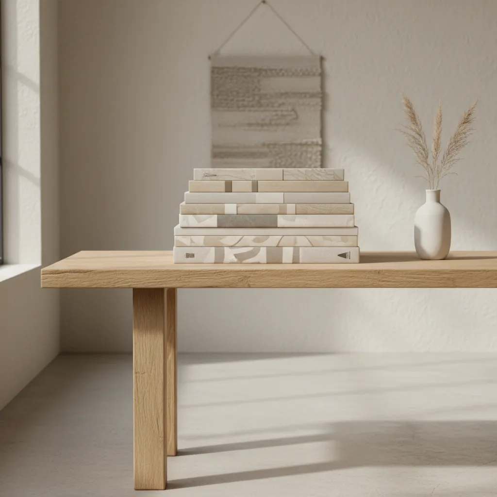 Pila de libros de interiorismo sobre una mesa de madera en un estudio creativo