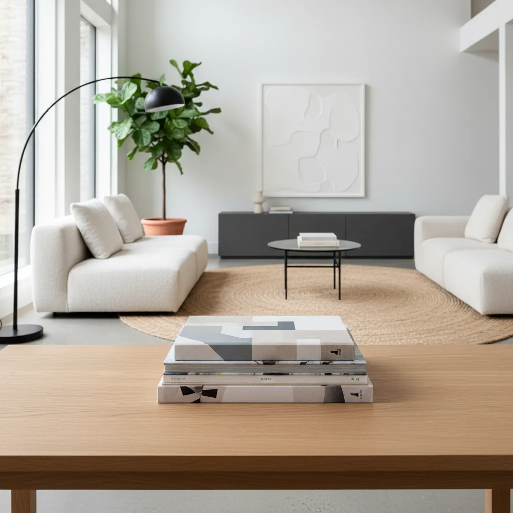Pila de libros de diseño de interiores sobre una mesa moderna