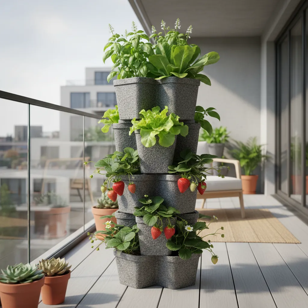 stackable vertical garden tower growing lettuce herbs and strawberries on balcony