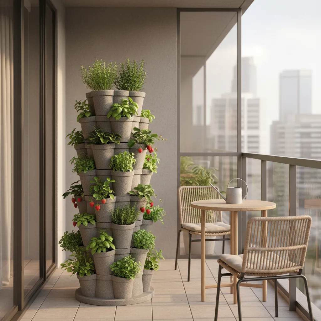stackable planter tower growing herbs and strawberries on a small balcony