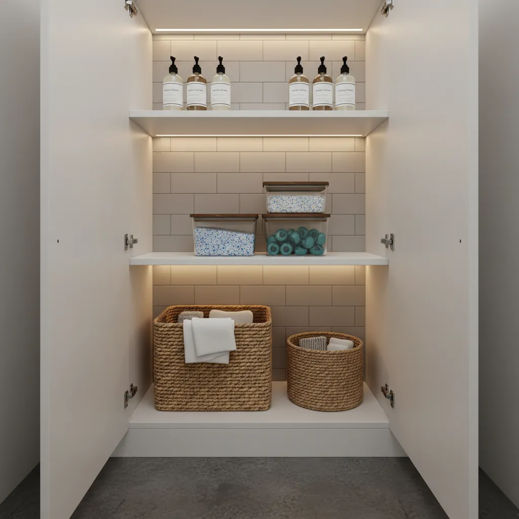 stackable containers organizing cleaning supplies inside slim cabinet