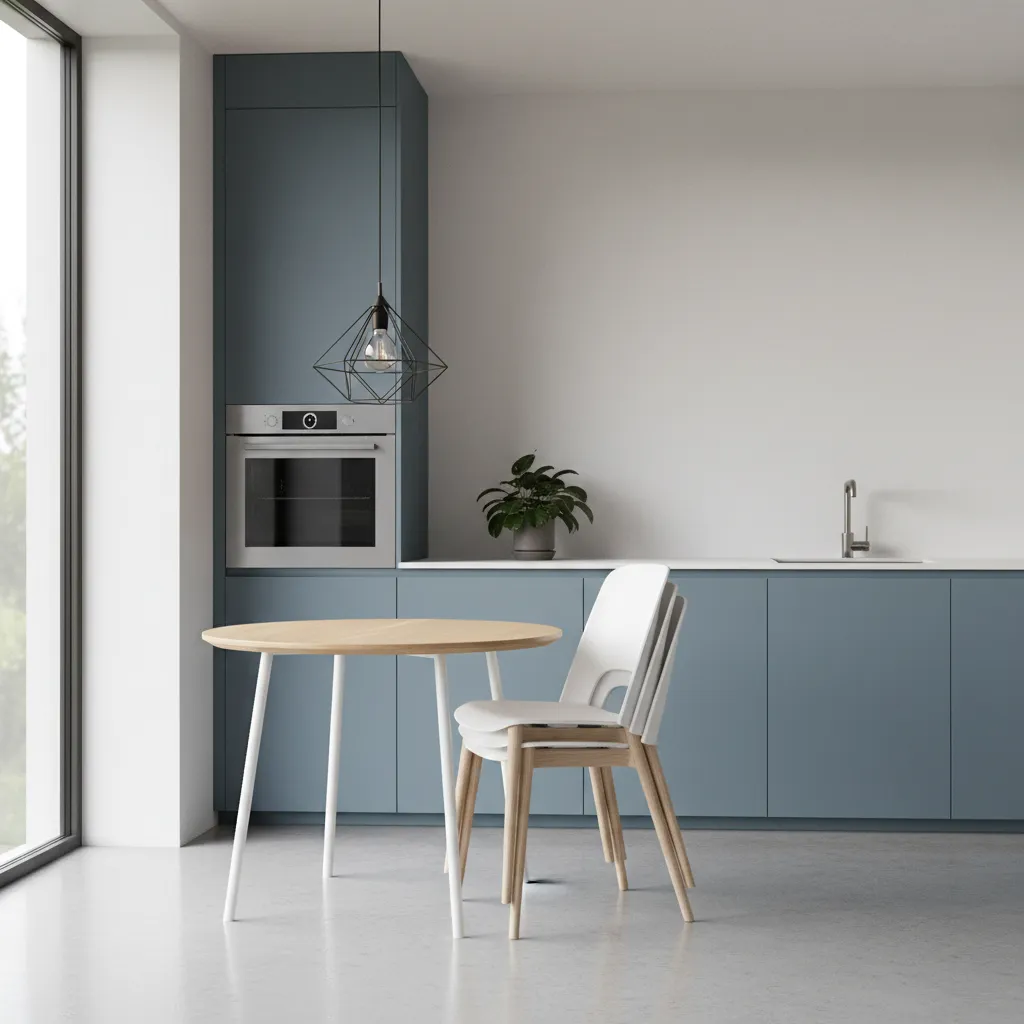 Modern stackable dining chairs stored neatly in a small kitchen