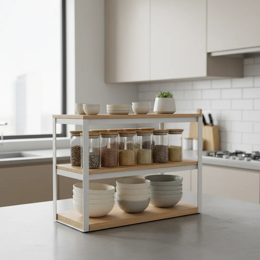 Stackable kitchen counter shelf organizer creating layered storage