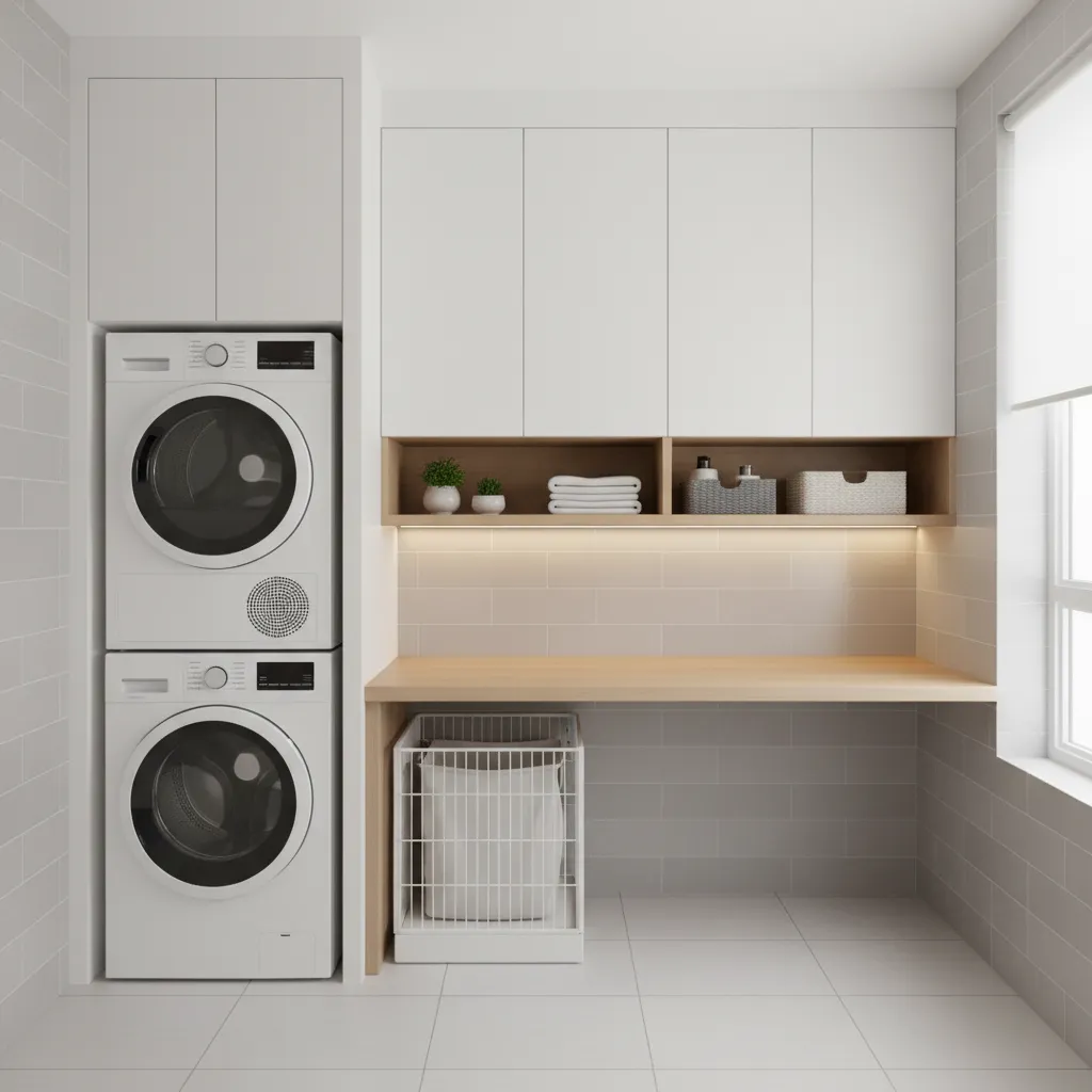 Small laundry room layout with stackable washer dryer and side counter