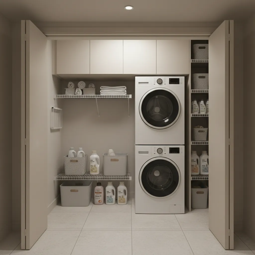 Stackable washer dryer installed inside a narrow laundry closet