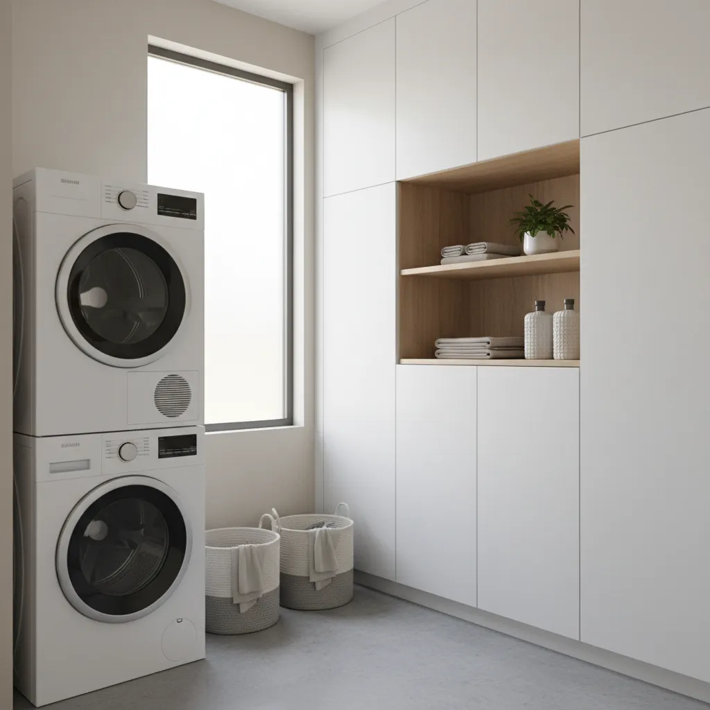 Compact laundry room with stacked washer dryer and wall storage