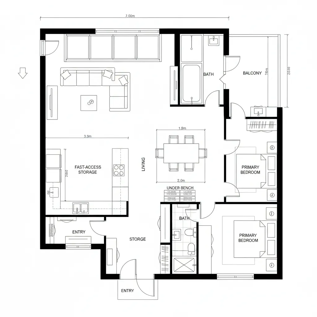 Interior design drawing of a two bedroom flat showing kitchen living space storage and two bathrooms