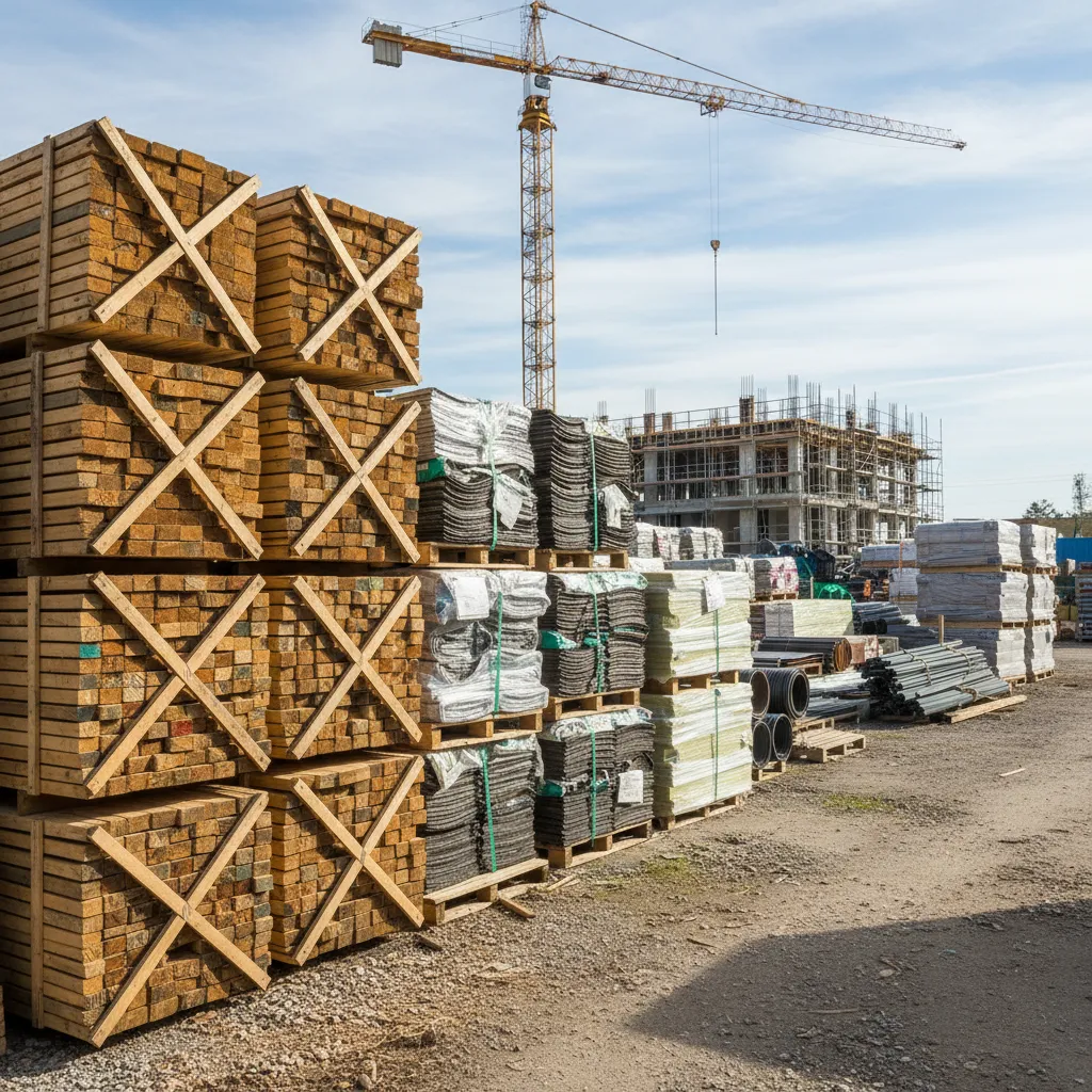 construction lumber and building materials stacked at building site