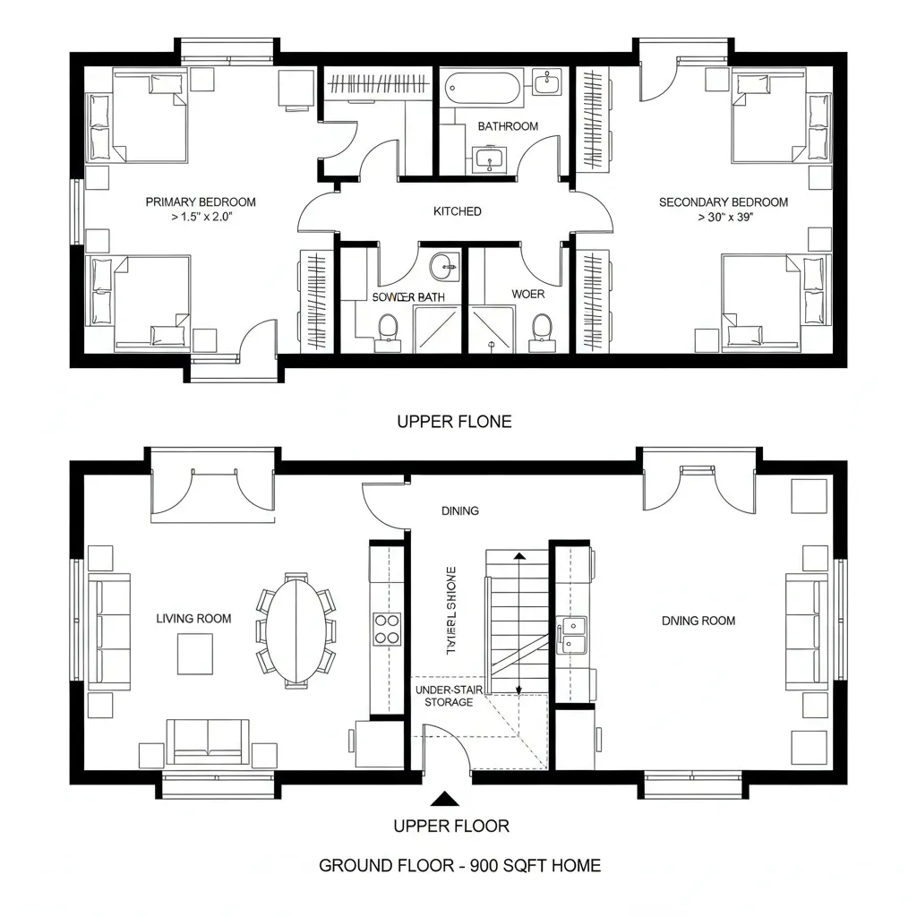 Top-down CAD plan with stacked wet core and perimeter rooms