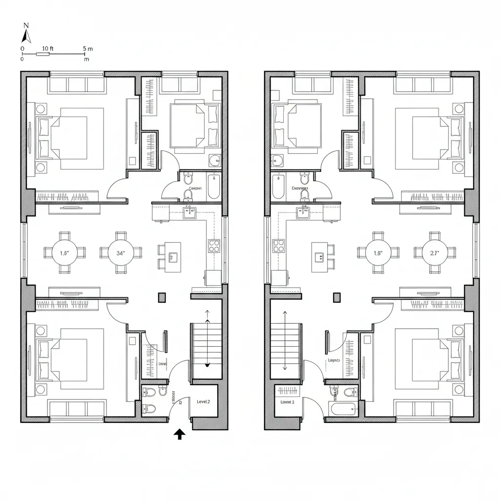 Two identical floor plans showing mirrored apartment layouts with bedrooms kitchens dining areas and central stairs