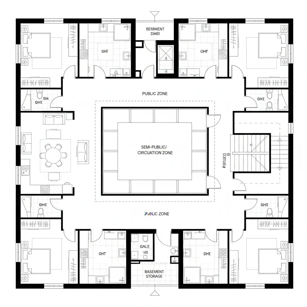 Top-down CAD plan of stacked courtyard spine with perimeter units