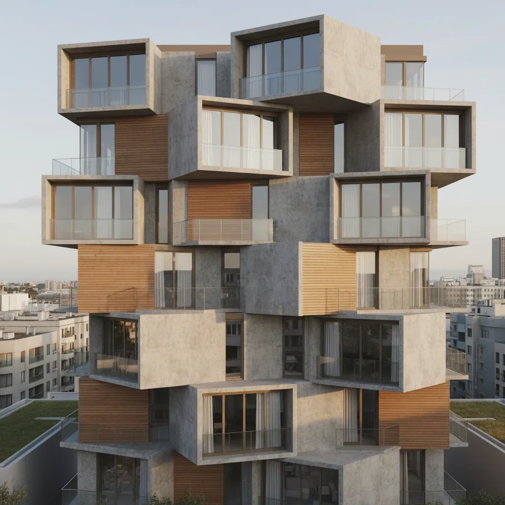 stacked cube apartment architecture with terraces